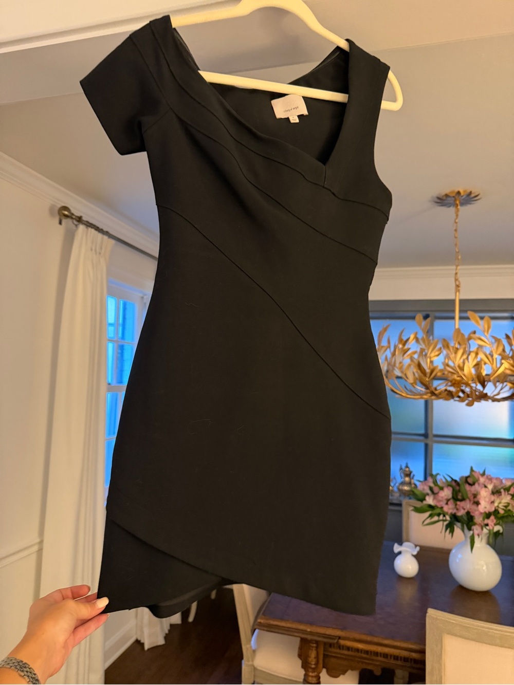 cinq à sept Black Asymmetrical V-Neck Cap Sleeve Dress